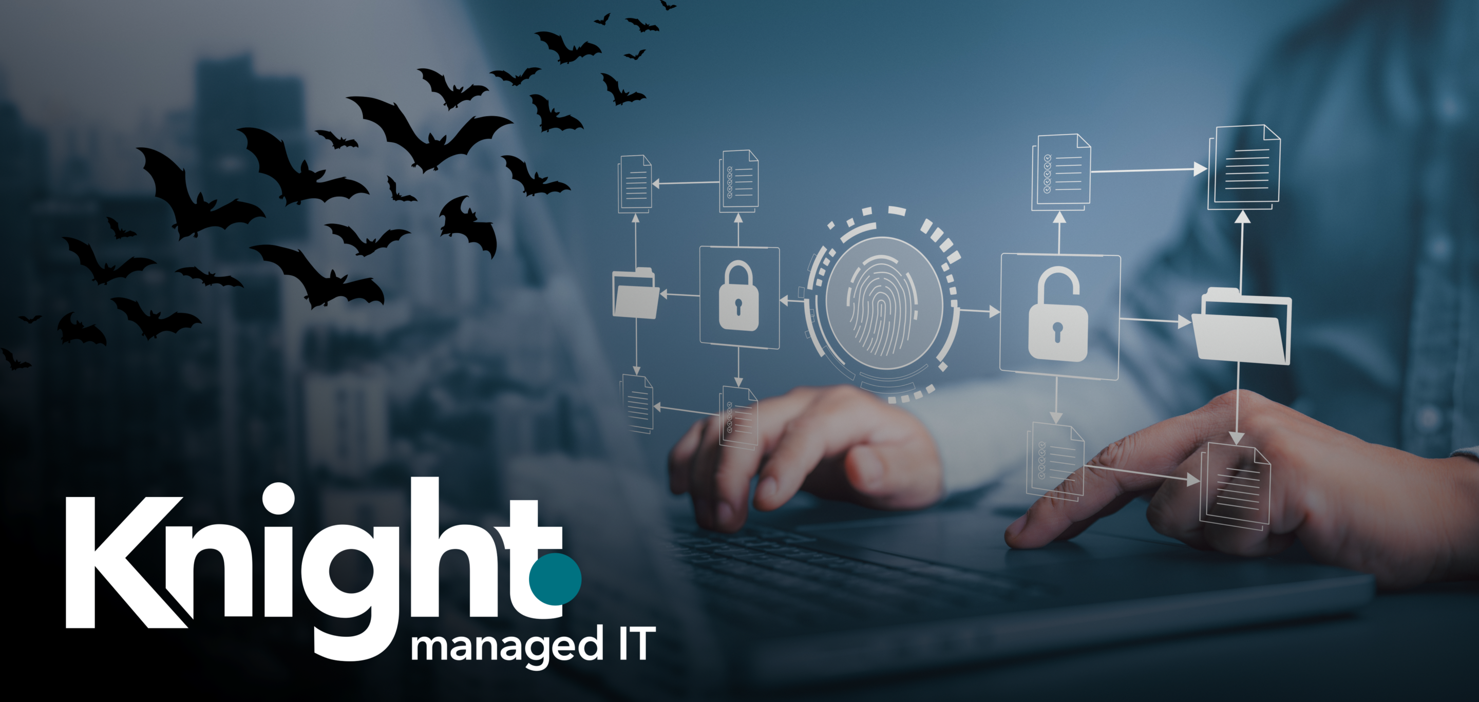 Business cybersecurity graphic with digital locks, Halloween bats, and the Knight Managed IT logo over hands typing on a laptop.